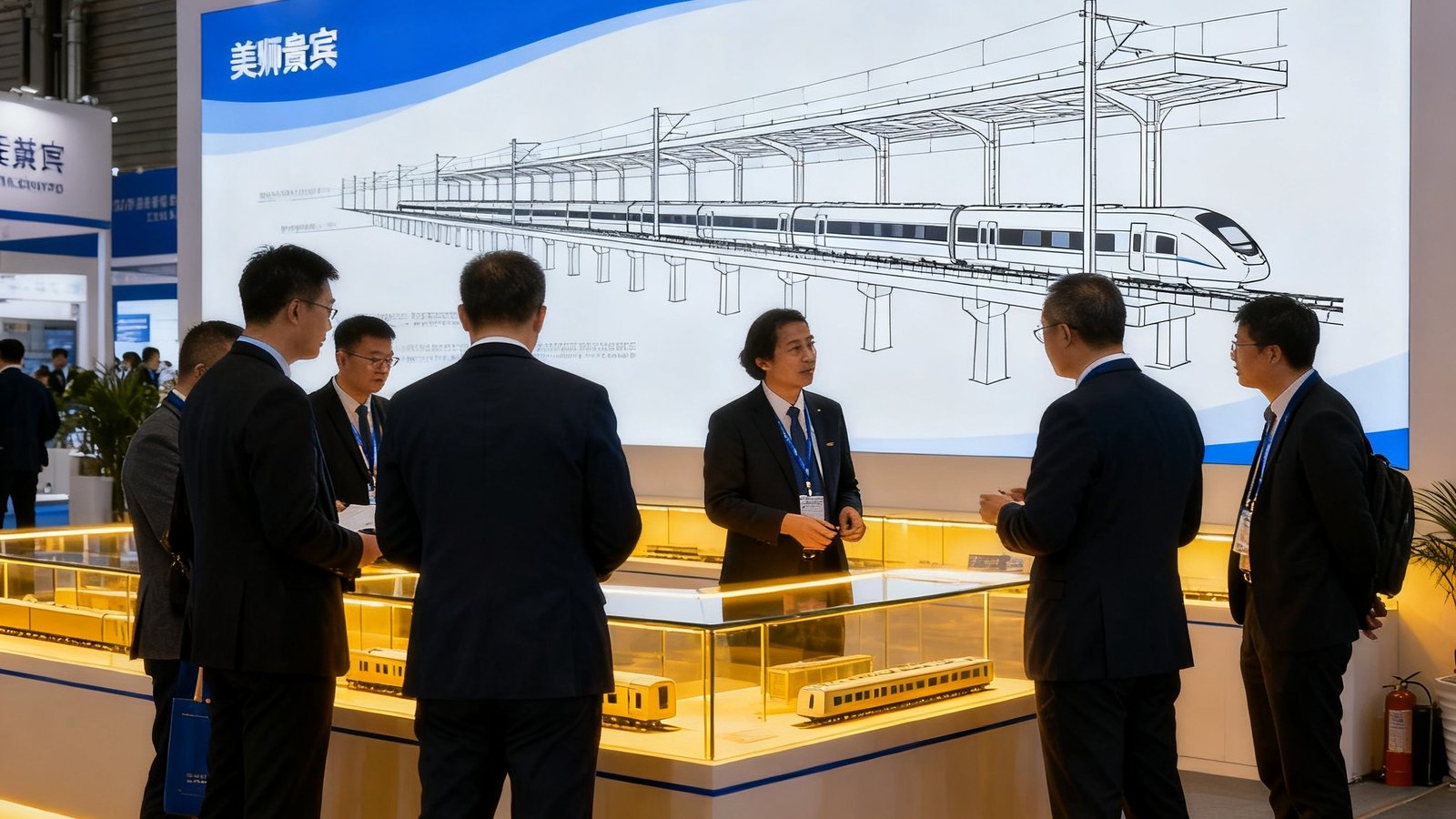 国际铁路技术展览会上美狮贵宾会的展位，背景板上展示着平台架构图，参观者正在与工作人员交流